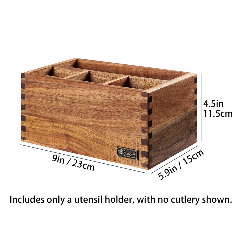 SANOSY Acacia Wood Utensil Holder, Paper Plate Dispenser Organizer for