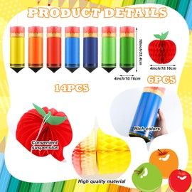 Humyoun 20 Pcs Crayon Hanging Honeycombs Lanterns Apple Bulk Back to School Classroom Decorations Colorful Crayon Paper Lanterns Classroom Ceiling Decor First Day School Birthday Supplies