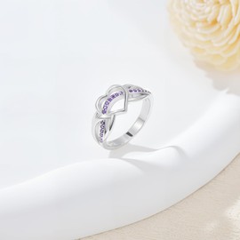 EUSJ Celtic Knot Heart Rings with Amethyst Birthstone 925 Sterling Silver Twisted Infinity Statement Ring for Women