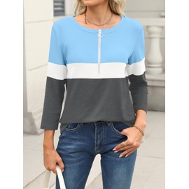 TICTICMISS Womens 3/4 Sleeve Tops Zipper Color Block Tunic Tops Casual Summer Shirts Trendy Tops