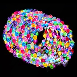 HONLYNE 100 PCS LED Flower Crowns Headbands, Light Up Flower Crowns For Women, Glow in the Dark Headband for Wedding Reception Birthday Christmas Mardi Gras Cosplay Princess Party Favors