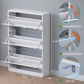 BORNOON Shoe Cabinet with 3-Flip Mirror Drawers, Freestanding Shoe Rack Organizer with Hidden Handle, Slim Narrow Shoe Storage Cabinet for Entryway, Entrance, Hallway, Bedroom