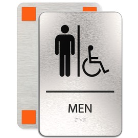 ADA Mens Bathroom Sign | 6x9 inches Men's WheelChair Restroom Signs for Business, Brushed Aluminum with Braille and Mounting Tape, Easy Do-It-Yourself Install (Men and Wheelchair Symbol) Modern Washroom Sign ADAsigns.org