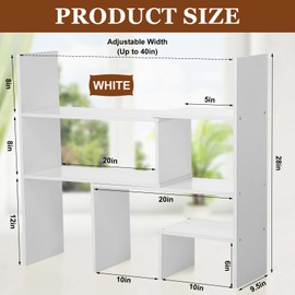 Briwooody Expandable Dorm Desk Dutch Adjustable Desktop Bookshelf Wooden Desktop Shelf Storage Organizer Bookcase Cubby Book Rack for College Dorm Essentials Accessories(White)