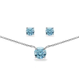 B. BRILLIANT Sterling Silver Light Blue Round Stud Earrings and Necklace Set Made with European Crystals