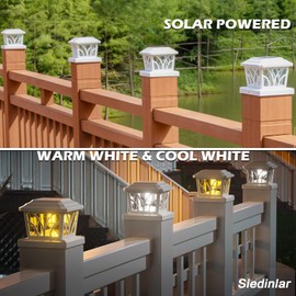 SIEDiNLAR Solar Post Cap Lights Outdoor, Aluminum Glass 2 Modes Fence Post Caps for 4x4 5x5 6x6 Vinyl Wooden Posts Patio Deck Fence Decor, Warm White & Cool White Lighting 2 Pack (White)