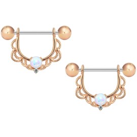 Forbidden Body Jewelry 16g Rose Gold Plated Synthetic Opal Partial Nipple Shield Filigree Barbell Set