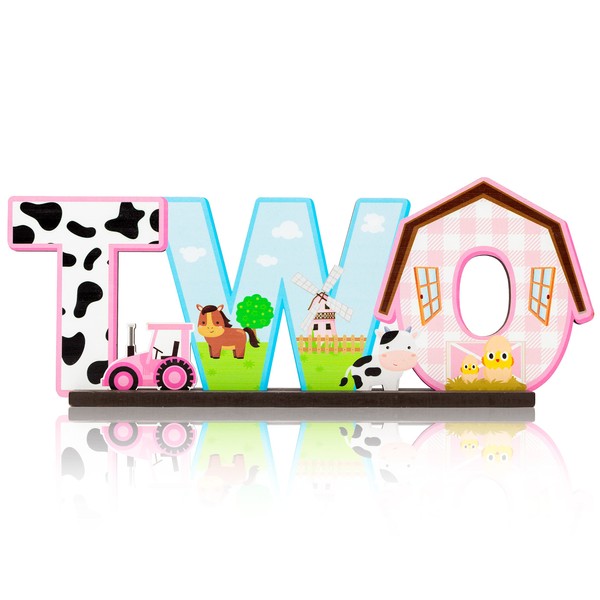 Haooryx Pink Farm Two Letter Sign Wooden Table Centerpieces for Kids Farm Barnyard Animals Two Years Old 2nd Birthday Party Sign Milestone Plaques Baby Shower Photo Props Room Decor Party Supplies