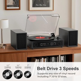 Vinyl Record Player with External Speakers &Built-in Speakers | HiFi Sound 4+2 Speakers | Vintage 3-Speed Bluetooth Record Player with USB/TF Card Recording | 33 45 78RPM Turntable | Black Walnut