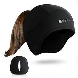 Hikenture Womens Skull Cap with Ponytail Hole, Winter Running Beanie Hat Cold Weather Thermal Cycling Cap Helmet Liner with Fleece for Skiing,Motorcycle,Hiking,Camping(Black)