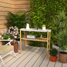 HoVoit Bamboo Plant Stands Indoor, 2 Tier Steel Tray Plant Table Tall Corner Multiple Plant Holder Display Rack for Outdoor Garden Home