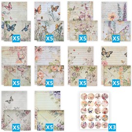 AUSTARK 160 Pieces Stationery Set (50 Pieces Lined Stationery Paper 8.25 x 5.5 Inch, 50 Pieces Envelopes, 60 Sealed Stickers) for Letter Writing (Vintage Floral Butterfly)