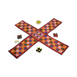 Pachisi - cloth board with beehive pieces and cowry shells (colourful circles)