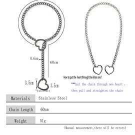 DANDUOSO Choker Heart Lariat Necklace Slip Chain Collar Adjustable Y-Necklace Leash Gothic Cuban Slide Stainless Steel Necklace for Women (Gun Black)