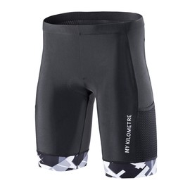 My Kilometre Triathlon Shorts Men's 9 Inch with Adjustable Drawstring Easy Reach Leg Pockets Chamois for Long-Distance Tri Race, black-white
