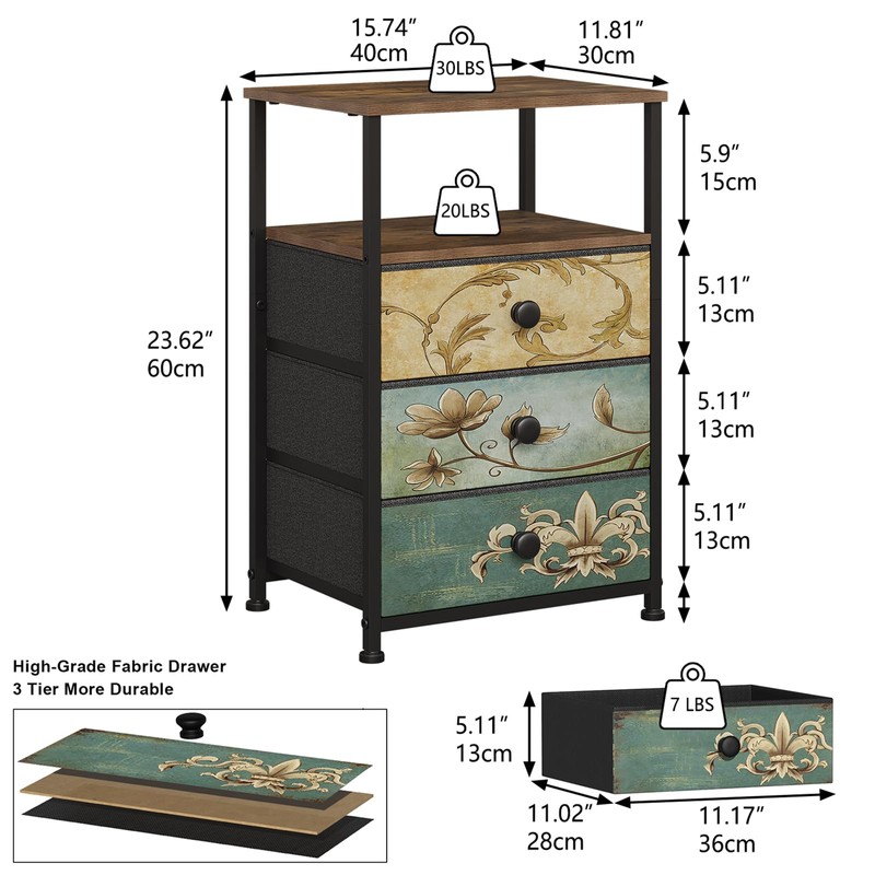 Tohomeor Nightstand with 3 Fabric Drawers Retro End Table with