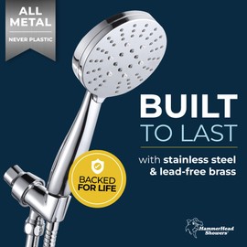 HammerHead Showers® ALL METAL 3-Spray Handheld Shower Head with Long Hose and Holder - CHROME - WIDE, MASSAGE, and MIST Sprays - 1.8 GPM Low Flow Handheld Showerhead - Water Saving Shower Head