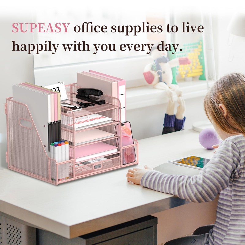 SUPEASY Mesh Desk Organizer with File Holder, 5-Tier Paper Letter
