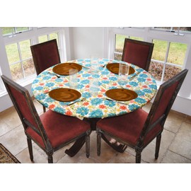 Covers For The Home Deluxe Elastic Edged Flannel Backed Vinyl Fitted Table Cover - Floral Pattern - Large Round Oblong Oval - Fits Tables up to 45" - 56" Diameter