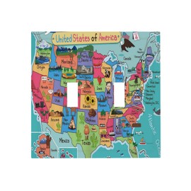 Kids Map of The United States 2 Gang Double Toggle Light Switch Cover Decorative Cartoon Fun Facts Geography USA Map Wall Plate Faceplate Turquoise Red Kids Boys Girls Bathroom Home Living Room Decor