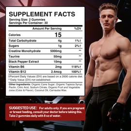 Creatine Monohydrate Gummies Complex 5000mg for Men & Women, Creatine Pre-Workout Gummies +Taurine & Vitamin B12 for Max Strength, Energy & Endurance, Vegan Creatine Supplements (Berry, 120 Gummies)