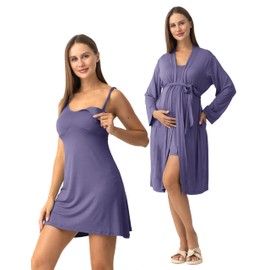 SUNNYBUY Women's Nursing Nightgown Maternity Robe Set, 3 in 1 Labor Delivery Breastfeeding Dress Postpartum Sleepwear, Purple Blue XL