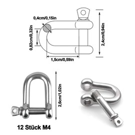 Pack of 12 Shackles D Shape, M4 Stainless Steel Shackle, D Shackle, Stainless Steel D Ring Shackle, D Ring Shackle, Straight, D Shackle Stainless Steel for Rigging Steel Rope Cords Chains Shackles