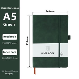 A5 Notebook, 2 Pack Notebook A5 200 Pages 100 GSM Journal Notebook Hardback Notepad with Bookmark, Pen Loop, and Elastic Closure (Black+Green)