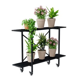 Zhongma 2 Tier Metal Sturdy Narrow Plant Stand with Wheels, Plant Stand Indoor and Outdoor, L45.67 x W10.3 x H29.9 inch, 440 LBS Capacity & Heavy Duty Construction.