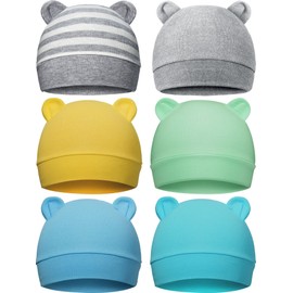 6 Pieces Newborn Baby Hat Bear Ears Infant Caps Baby Boy Girl Toddler Hats Infant Beanie Caps for 0-3 Months (Gray White, Light Gray, Yellow, Green, Blue, Blue Green,Classic)