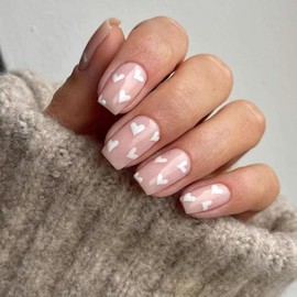 24PCS Short Square Press on Nails – White Heart Design Stick on False Nails for Women & Girls – Accessory Tools Included for Easy DIY Manicure at Home & Daily Wear – Cute Nail Art Tips Set