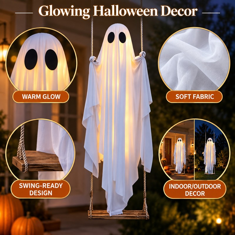 Hanging Swing Ghost Halloween Decoration with String Lights – Cute