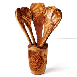DAS OLIVENHOLZBRETT® Cutlery Holder/Quiver 16 cm Rustic Including Set of 5 Spatula / Cooking Spoon, Spoon with Corner + Salad Servers Olive Wood / Kitchen Utensils Wooden Set / Cooking Spoon Set 30 cm