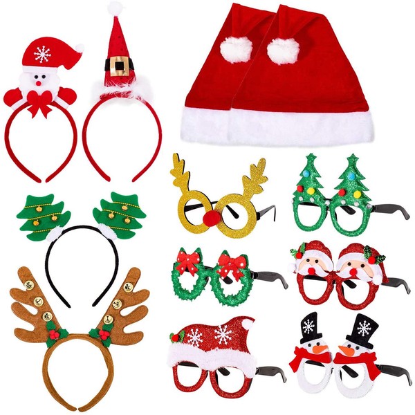 Whaline 4 Christmas Headbands, 6 Glasses Frames and 2 Santa Hats, Xmas Costume Hair Hoops with Different Designs Accessories Gifts for Christmas Party Favor Holiday Supplies