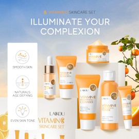 LAIKOU Skincare Set, Vitamin C Serum for Face Kit, Cleanser, Toner, Face Serum, Eye Cream, Essence Cream & Sunscreen, Anti Aging Radiance Gift Set for Women Teenage Girls Christmas Gifts, 6PCS