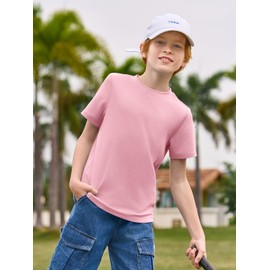 Haloumoning Boys T-Shirts Kids Short Sleeve Crewneck Solid Basic Tees Casual Tops 5-14 Years, Pink, 9-10 Years