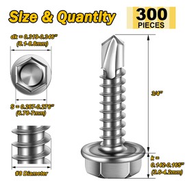 Mywish 300pcs #8×3/4" Self Tapping Screws for Metal, 410 Stainless Steel, Hex Washer Head Self Drilling Screws, High-Strength Stainless Steel Screws, Hex Drive