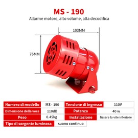 Motor Siren, MS-190 AC 110V 114dB Alarm Sound High Performance Buzzer, Electric Lute Powered Siren, Red Mini Alarm Horn for Home, Industrial, Shops and Security System