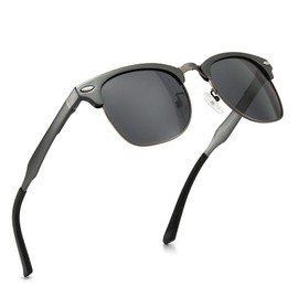 SUNGAIT Retro Round Semi-Rimless Polarised Sunglasses UV Protection for Men/Women SGT016, Gunmetal Frame/Grey Lens
