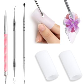 Furtherpretty 3D Nail Art Sculpting Tools Set, 3 Pack Dual-Head Carving Pens with 2 Silicone Finger Sleeves for Acrylic Gel Flowers Design, DIY Manicure Professional Salon Supplies for Nail Techs
