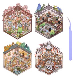 Girls 3D Miniature Scene Stickers, 4 Sets Chinese Courtyard DIY House Stickers for Lunar New Year, Spring, Summer, Auturn, Cute 3D Cartoon Sticker Scenes for Adult Kids Relief Stress Pass The Time