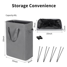 ZERO JET LAG Slim Laundry Hamper With Handles Collapsible Laundry Basket Thin Dirty Clothes Basket Narrow Laundry Bag Foldable Dirty Cloth Hamper 45L (23 inches,Grey)