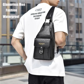 Hjkiopc Sling Bag for Men,Leather Chest Bag with Adjustable Strap,Waterproof Shoulder Bag,Casual Lightweight Bag,Crossbody bag for Hiking,Cycling,Travel,Camping (Black-1)