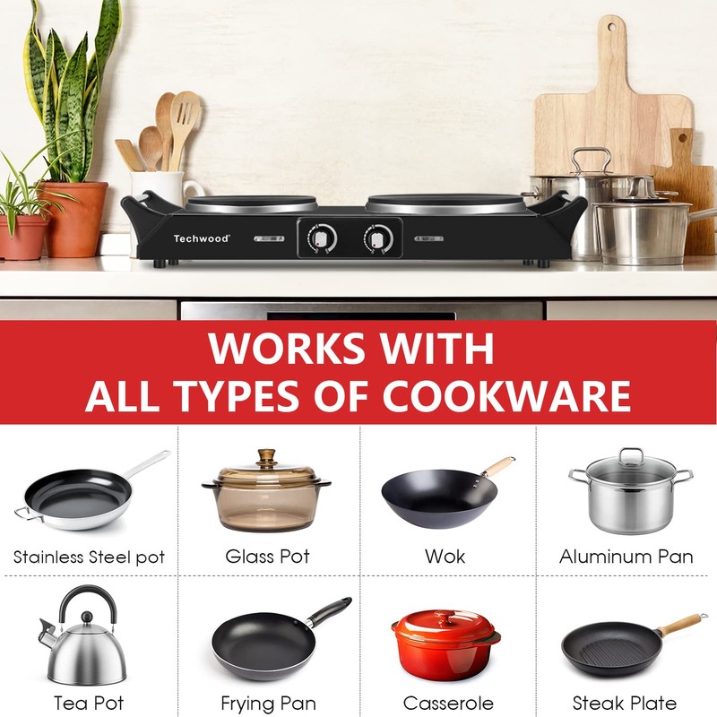Techwood ES-3203 Hot Plate Electric Double Burner 1800W for Cooking
