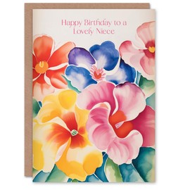 Artery8 Niece Happy Birthday Card Watercolour Flowers Spring Floral Pastel Hibiscus Geranium Gardener For Her Greeting Card
