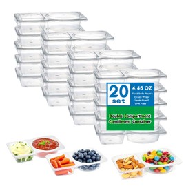 20 Sets Reusable Snack Containers with Lids – 2-Compartment Portion Control Containers for Snacks, Condiments, Dips, and Sauces – Leak-Proof, Ideal for Road Trips, Lunchboxes, and Travel