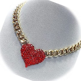 Accessory Gold Color Tone Cuban Link Chain Red Rhinestones Heart Love Shape Pendant Necklace Pendant Charm Set for Women ALI-3937Heid