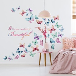 Mfault Girls Butterfly Be Your Own Kind of Beautiful Inspirational Quote Wall Decal Sticker, Watercolor Positive Saying Decorations Bedroom Living Room Art, Motivational Home Kitchen Blue Purple Decor