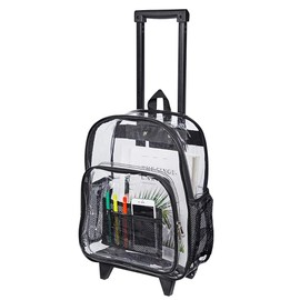 COVAX Rolling Clear Backpack, Heavy Duty See Through Bookbag, Transparent PVC Cold-resistant Backpack with Wheels (Black)