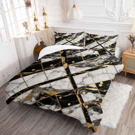 EDGZKO Black and White Marble Comforter: Queen Size Geometric Abstract Bedding Sets Gold Lines Marbling Quilts for Bedroom Decor 3PC Bed Set 1 Comforter & 2 Pillowcases